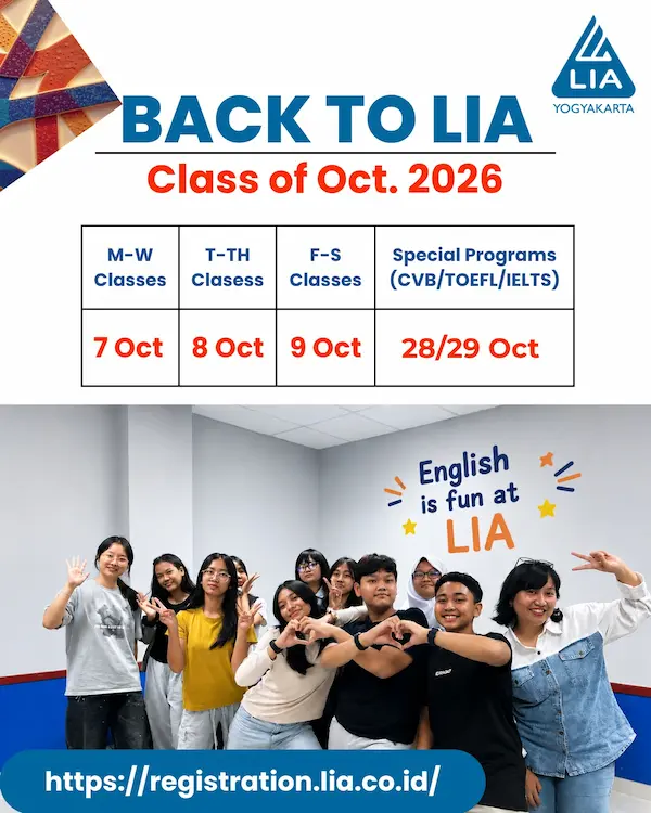 Kelas Baru LIA Yogyakarta Oktober 2026 - Pendaftaran Kursus Bahasa Inggris kelas baru lia