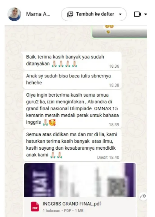 Kursus Bahasa Inggris Yogyakarta | LIA Sejak 1990 testimoni orang tua siswa LIA yogyakarta